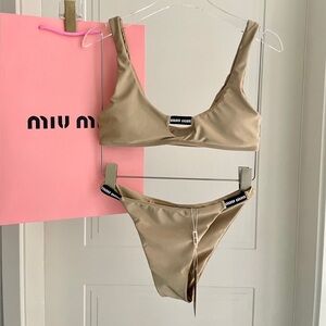 Women's Miu Miu Logo-Appliquéd Satin Bikini Set in Champagne Gold